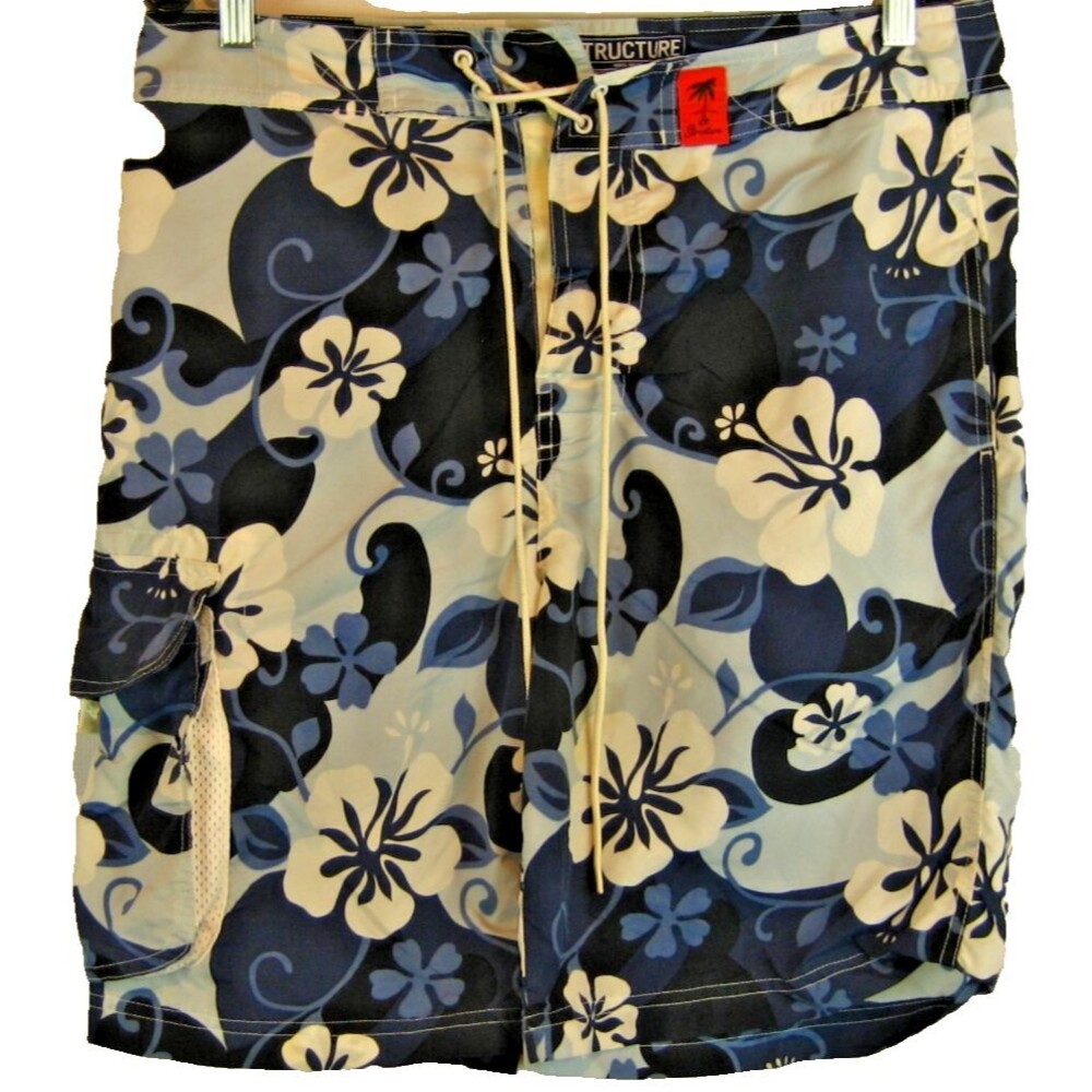 Mens Structure Blue Floral Aloha Hawaiian Nylon Board Swim Surf Shorts szM(35x9)